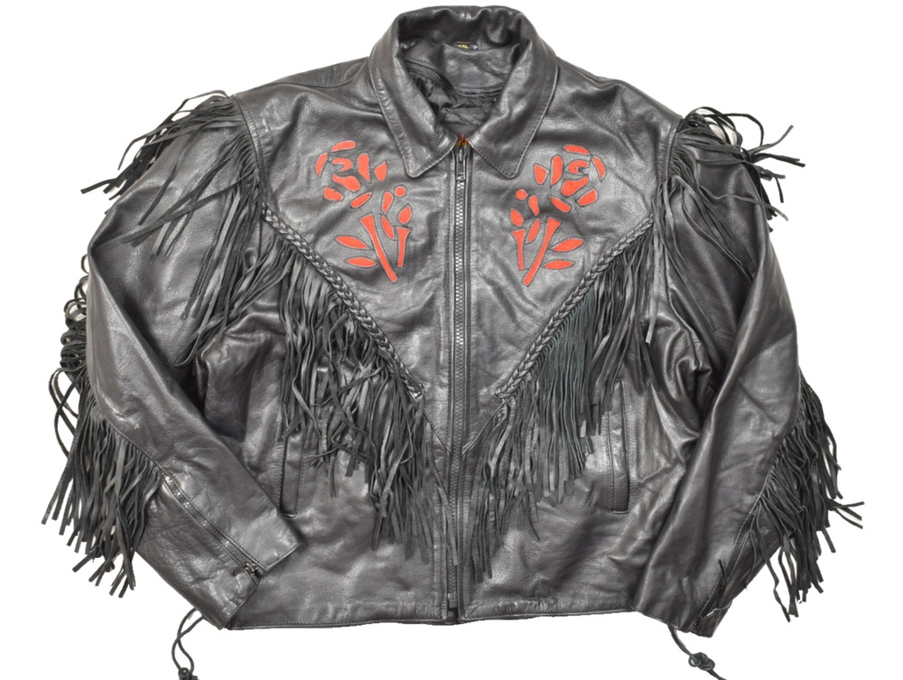 Hot Leathers Women XXL Black Leather Fringe Jacket Red Rose Inlay Western VTG